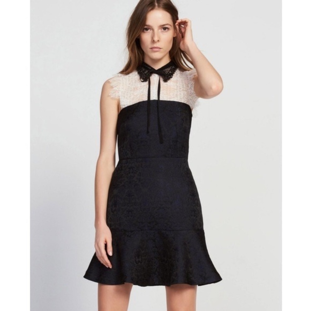 Sandro Flavia Dress Black White Eyelash Lace Flare Brocade - Picture 8 of 15